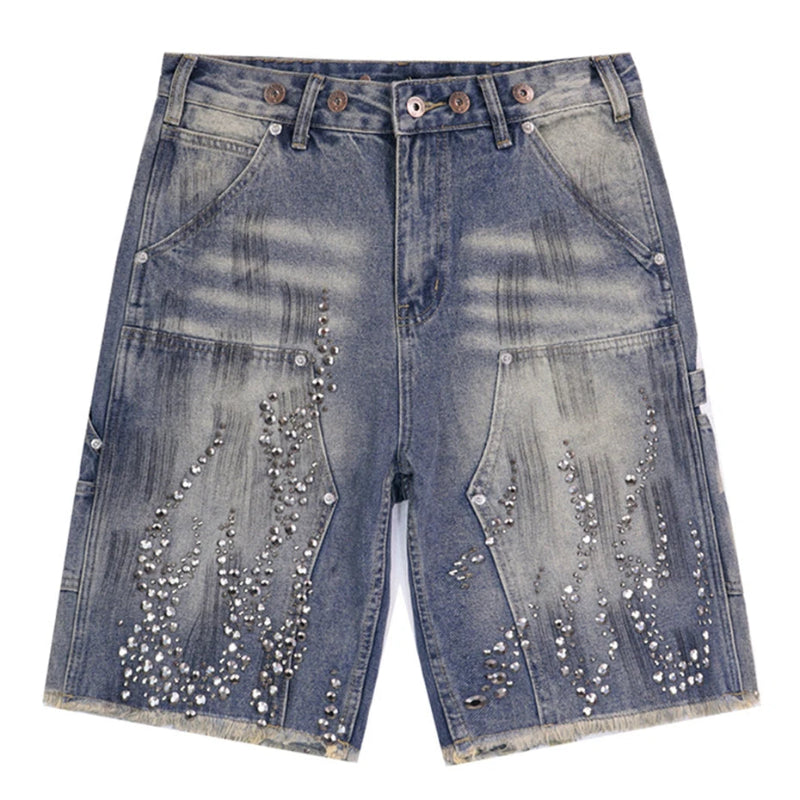 Y2K Fire Diamond Rhinestone Denim Shorts Jorts