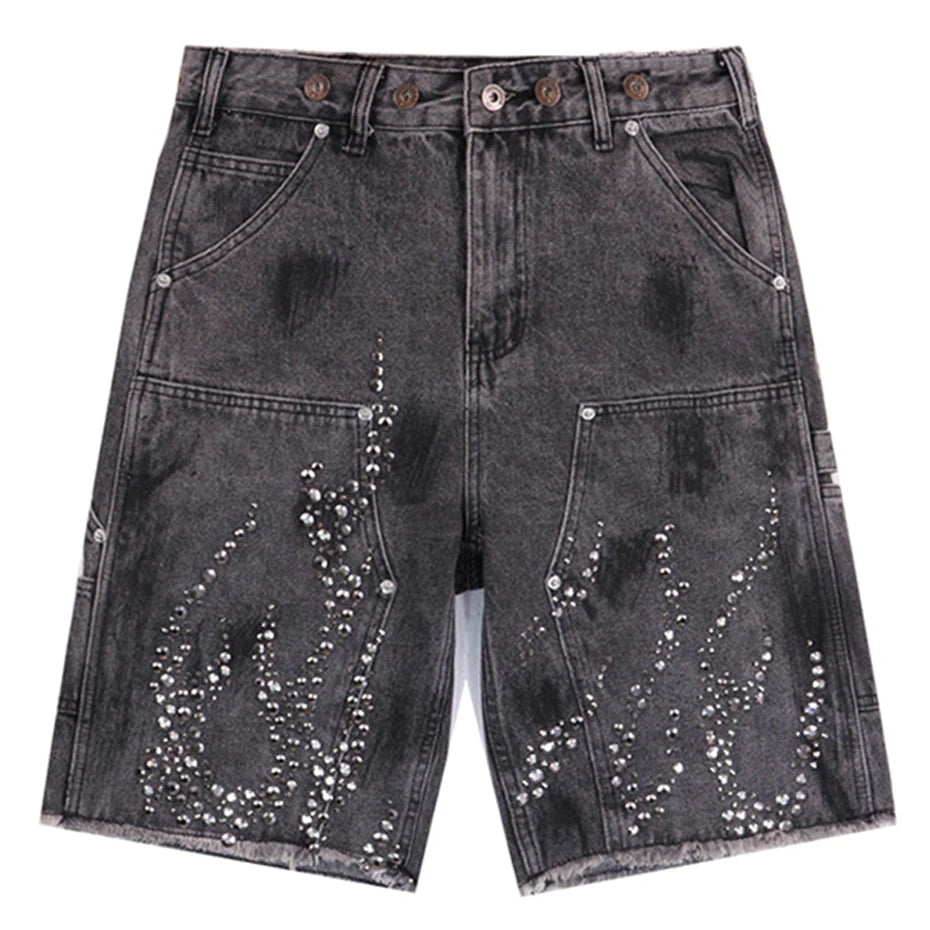 Y2K Fire Diamond Rhinestone Denim Shorts Jorts