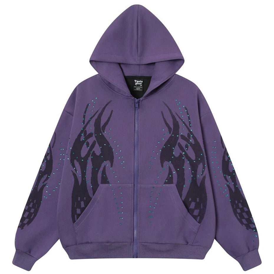 Y2K Fire Rhinestone Full Zip Up Hoodie