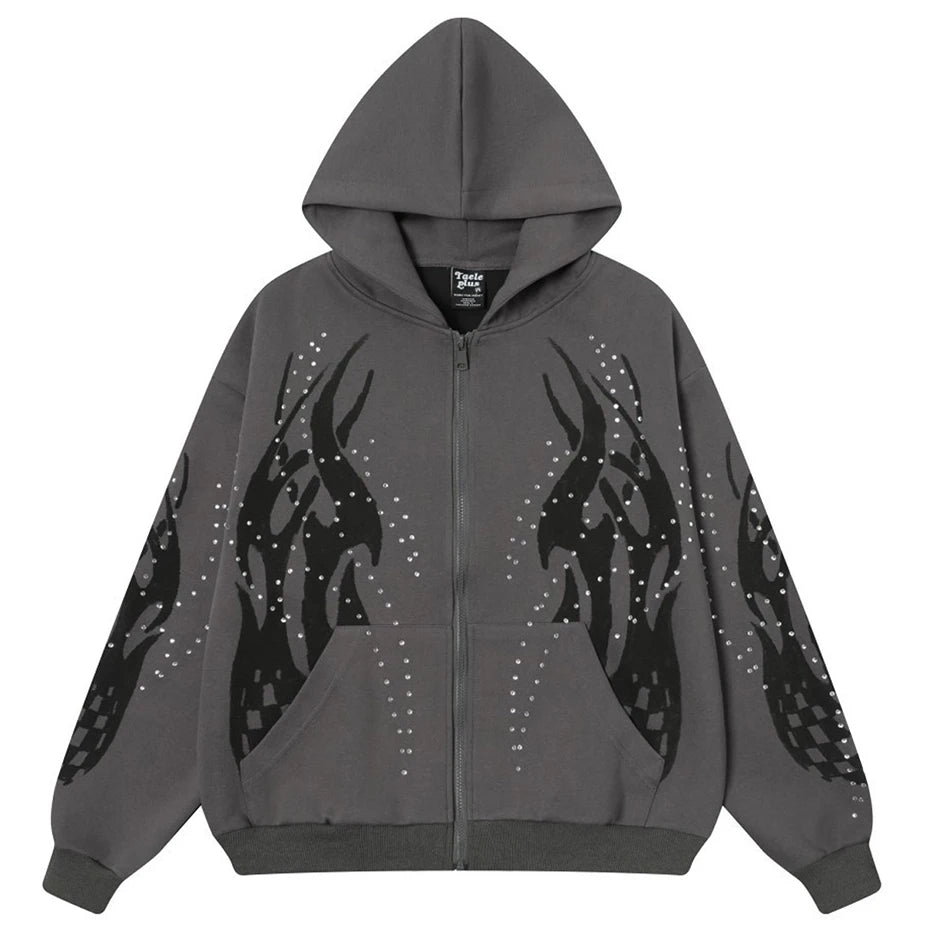 Y2K Fire Rhinestone Full Zip Up Hoodie