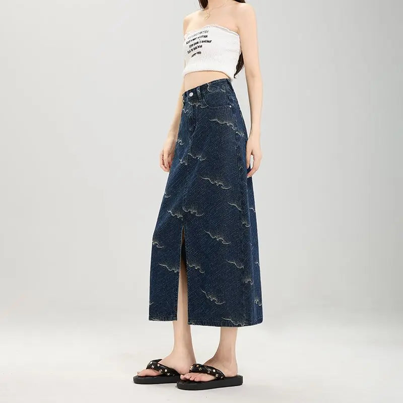Y2K Floral Blue Jacquard Waves Denim Midi Skirt