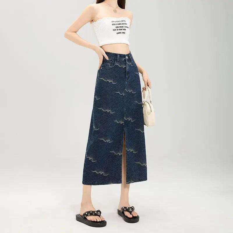 Y2K Floral Blue Jacquard Waves Denim Midi Skirt