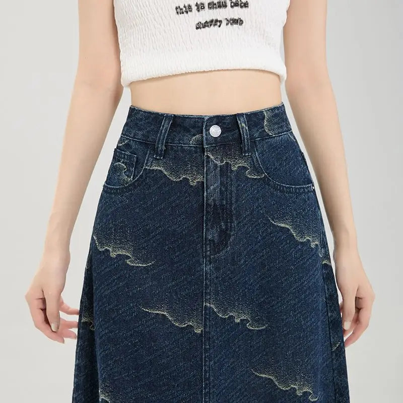 Y2K Floral Blue Jacquard Waves Denim Midi Skirt