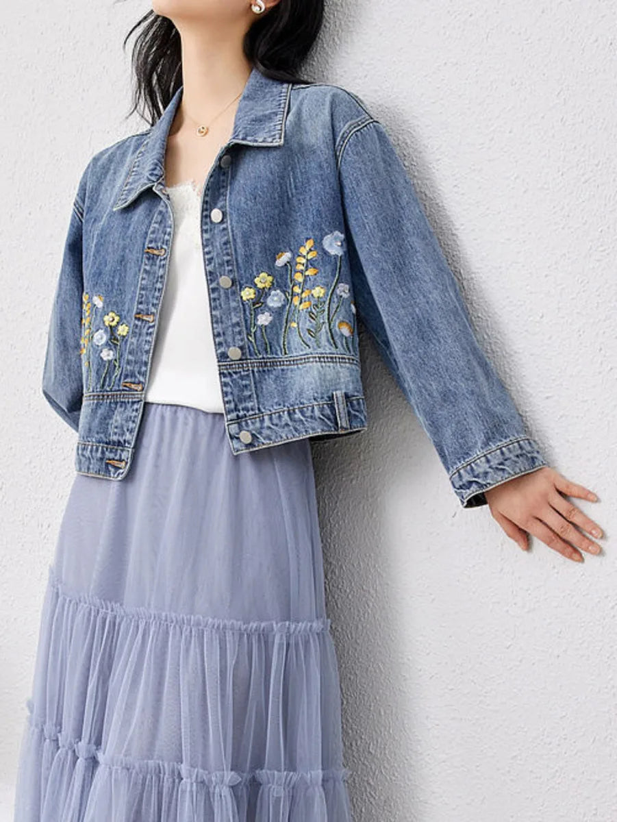 Y2K Floral Embroidered Denim Short Jacket