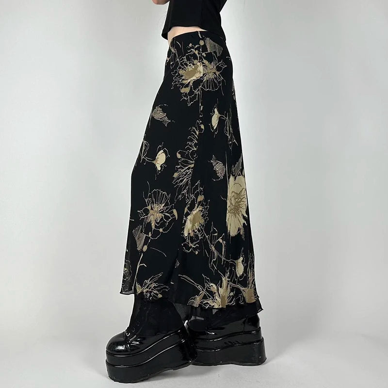 Y2K Floral Grunge Black Mesh Maxi Skirt