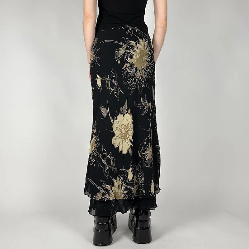 Y2K Floral Grunge Black Mesh Maxi Skirt