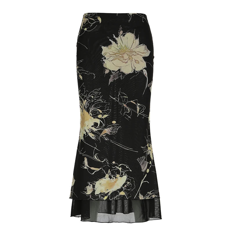 Y2K Floral Grunge Black Mesh Maxi Skirt