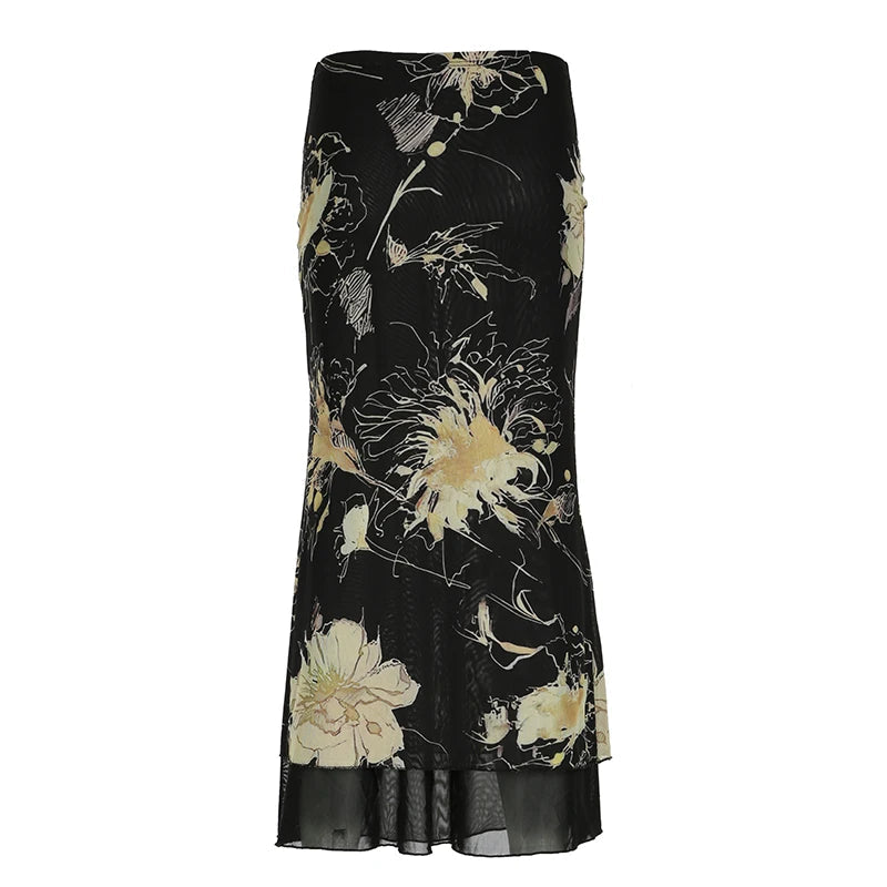 Y2K Floral Grunge Black Mesh Maxi Skirt