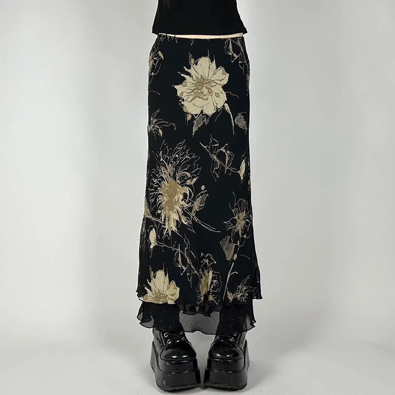 Y2K Floral Grunge Black Mesh Maxi Skirt