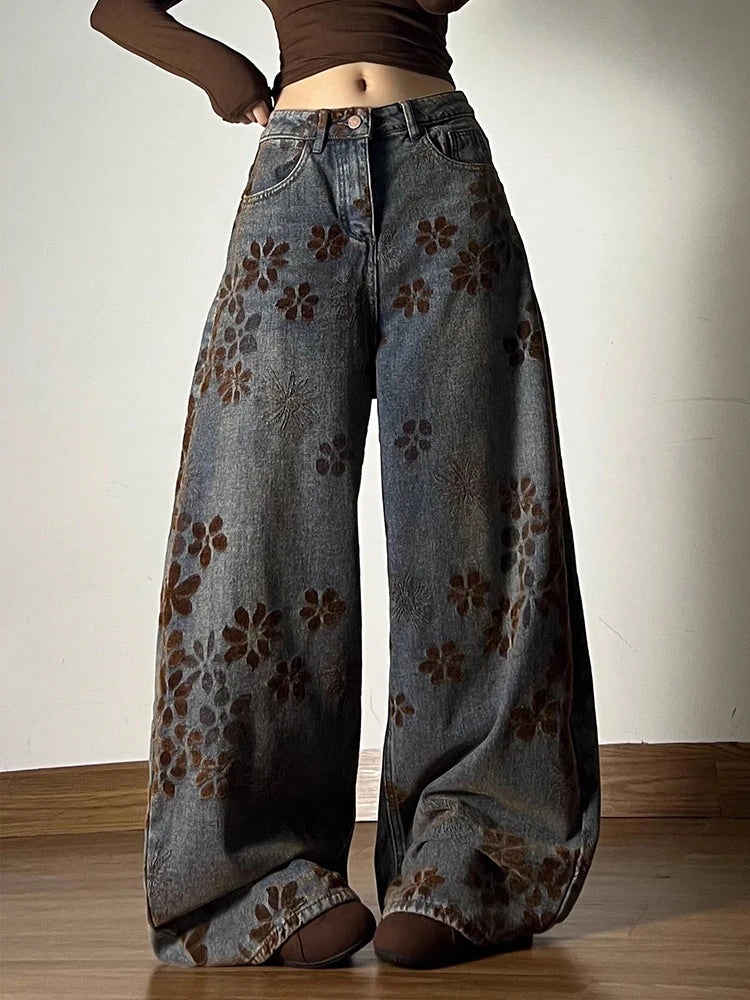 Y2K Floral Jacquard Denim Barrel Jeans