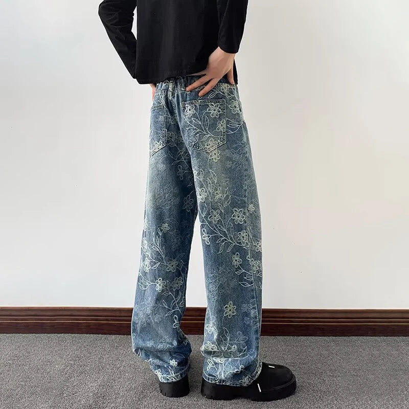 Y2K Floral Jacquard Embroidered Straight Leg Jeans