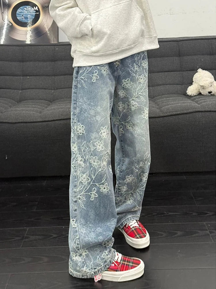 Y2K Floral Jacquard Embroidered Straight Leg Jeans