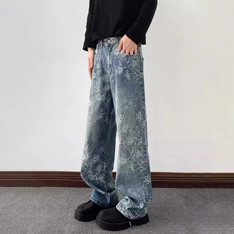 Y2K Floral Jacquard Embroidered Straight Leg Jeans