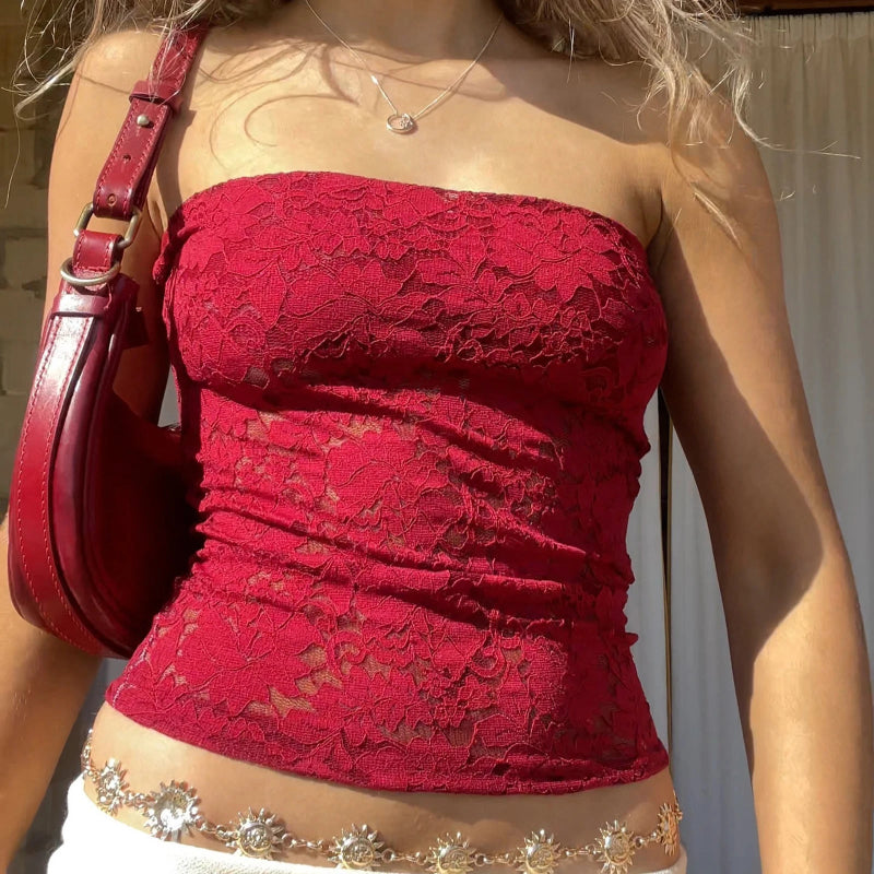Y2K Floral Lace Bandeau Tube Top