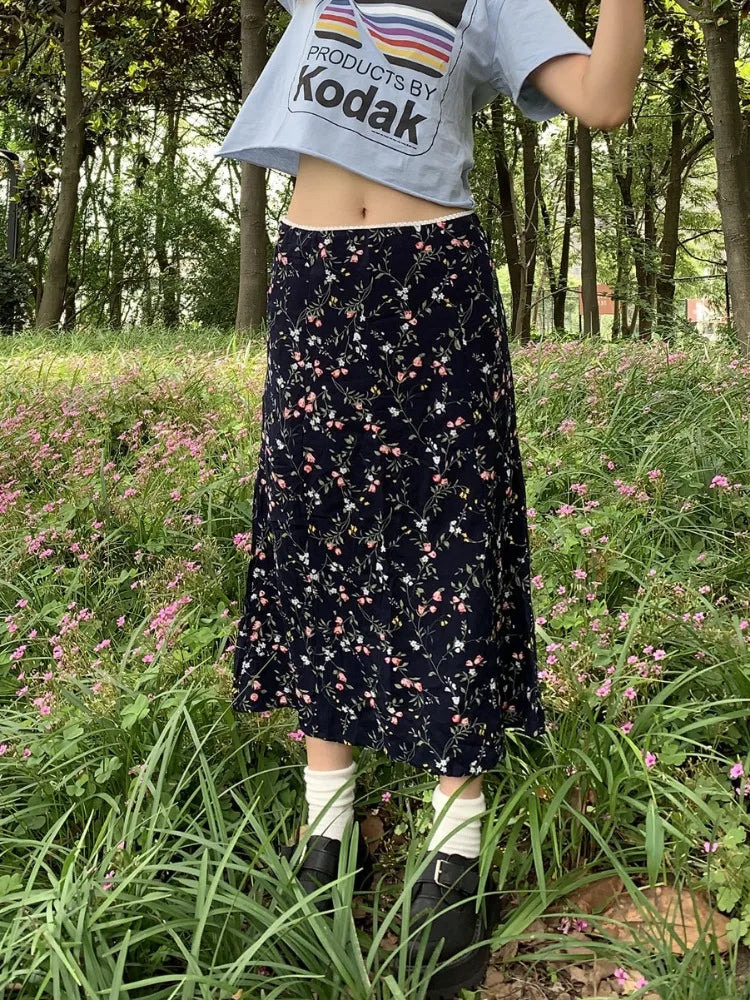 Y2K Floral Low Waist Flowy Midi Skirt