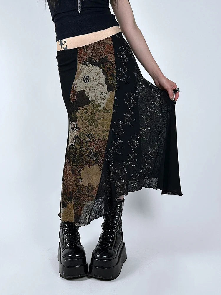 Y2K Floral Low Waist Flowy Midi Skirt