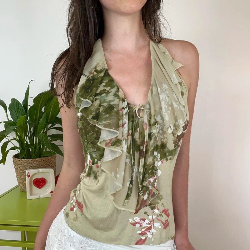 Y2K Floral Printed Tie-up Halter Top