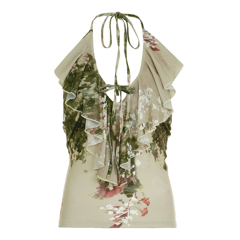 Y2K Floral Printed Tie-up Halter Top