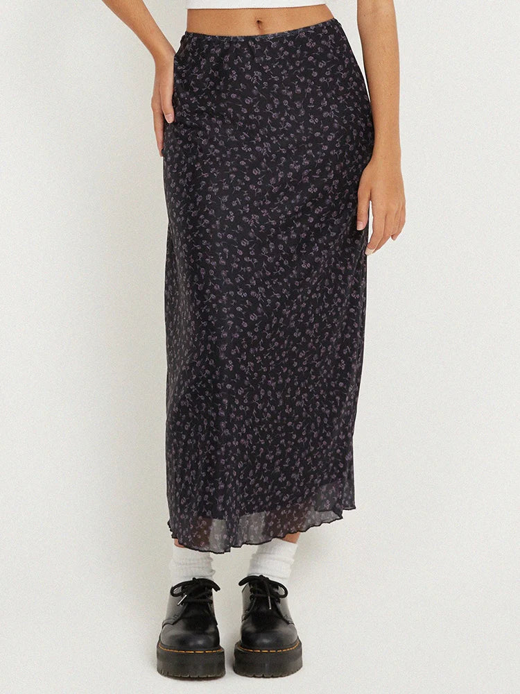 Y2K Floral Slim High Waist Flowy Maxi Skirt