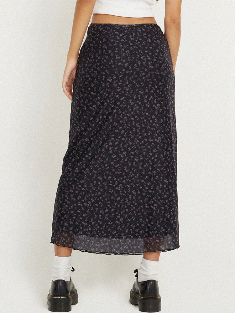 Y2K Floral Slim High Waist Flowy Maxi Skirt