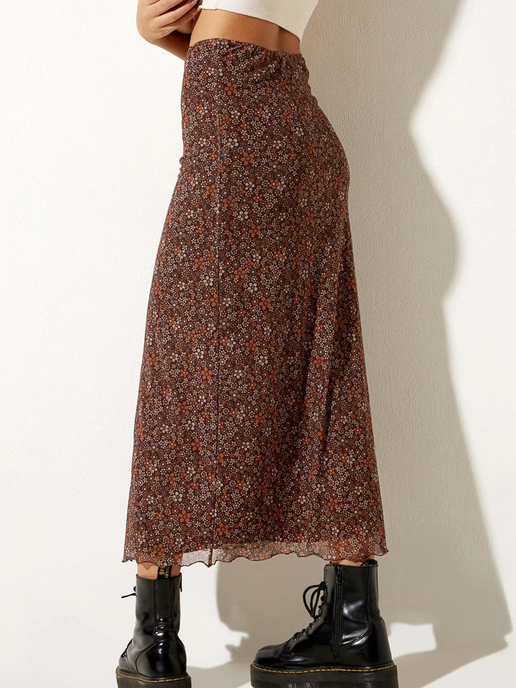 Y2K Floral Slim High Waist Flowy Maxi Skirt