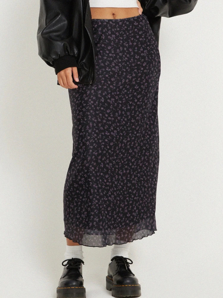 Y2K Floral Slim High Waist Flowy Maxi Skirt