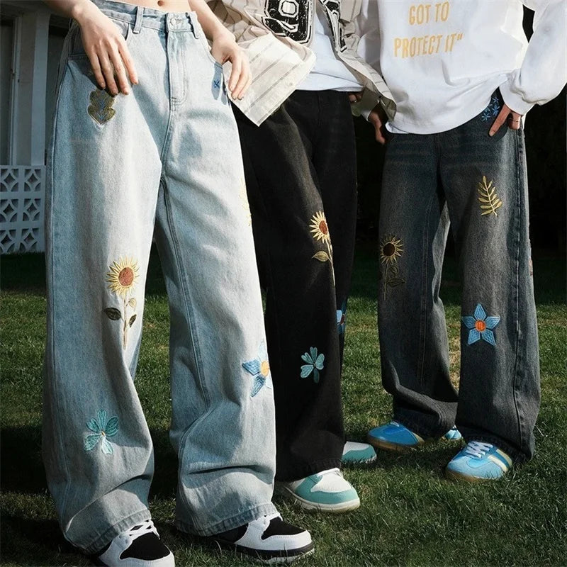 Y2K "Flowers in the Meadow" Floral Embroidered Baggy Jeans