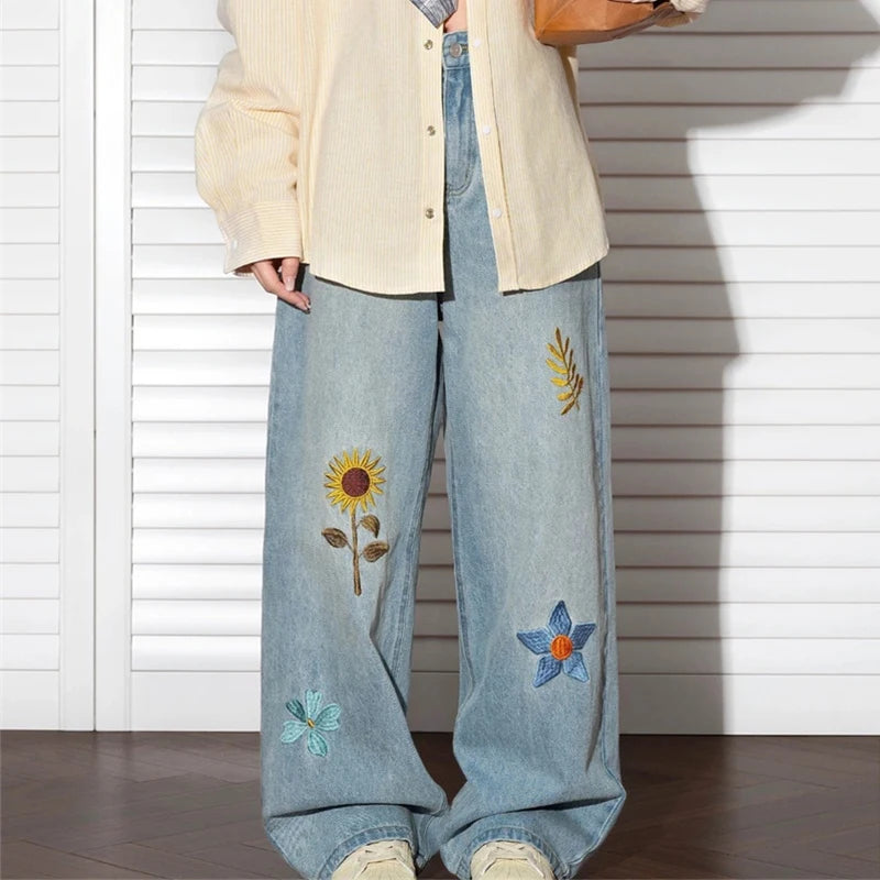 Y2K "Flowers in the Meadow" Floral Embroidered Baggy Jeans