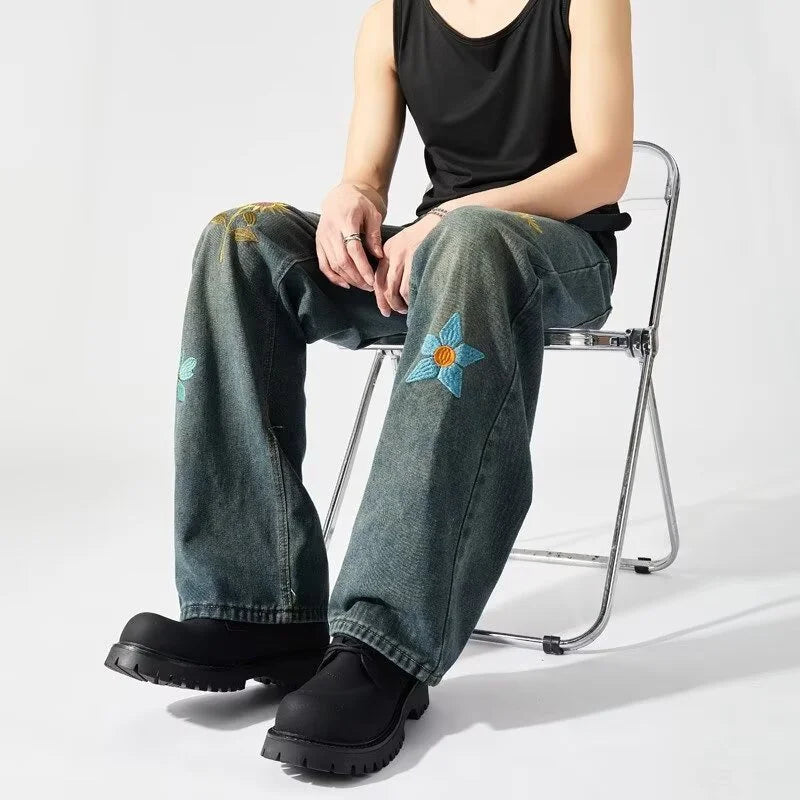 Y2K "Flowers in the Meadow" Floral Embroidered Baggy Jeans