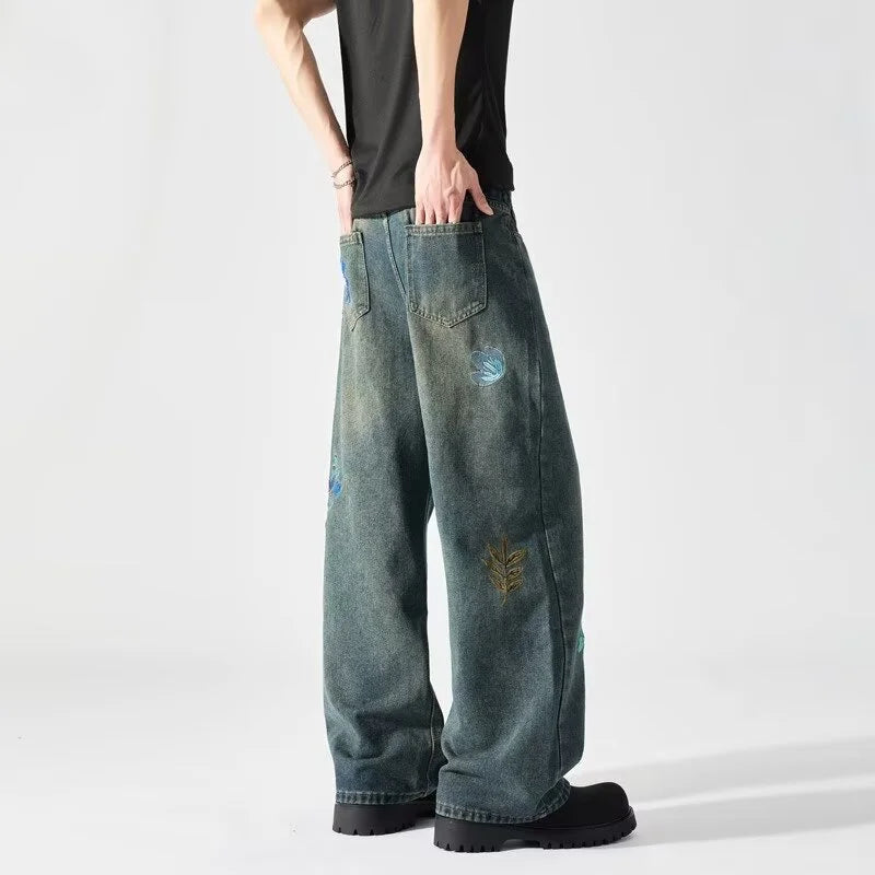 Y2K "Flowers in the Meadow" Floral Embroidered Baggy Jeans