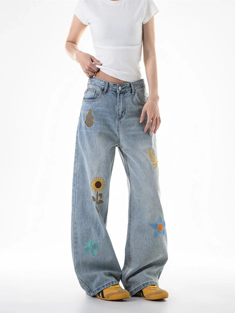 Y2K "Flowers in the Meadow" Floral Embroidered Baggy Jeans