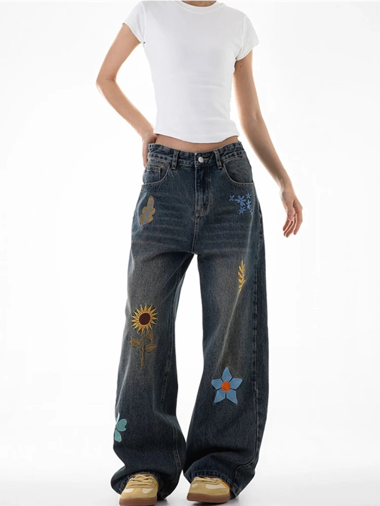 Y2K "Flowers in the Meadow" Floral Embroidered Baggy Jeans
