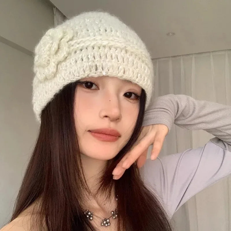 Y2K French Sparkle Flower Knit Beanie