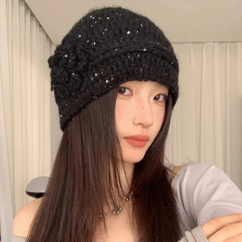 Y2K French Sparkle Flower Knit Beanie