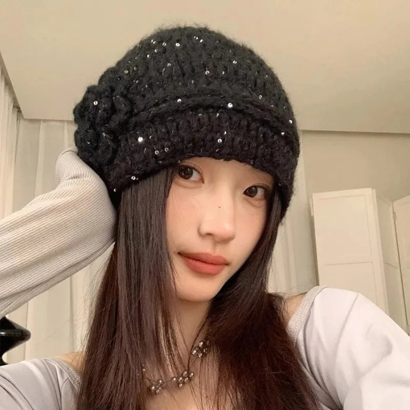 Y2K French Sparkle Flower Knit Beanie