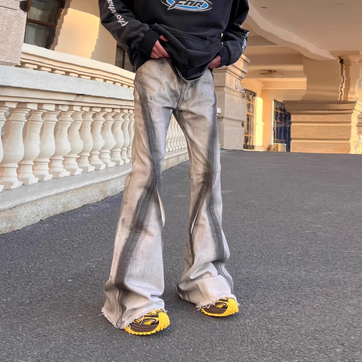 Y2K Fringed Gradient Wide Flare Denim Jeans
