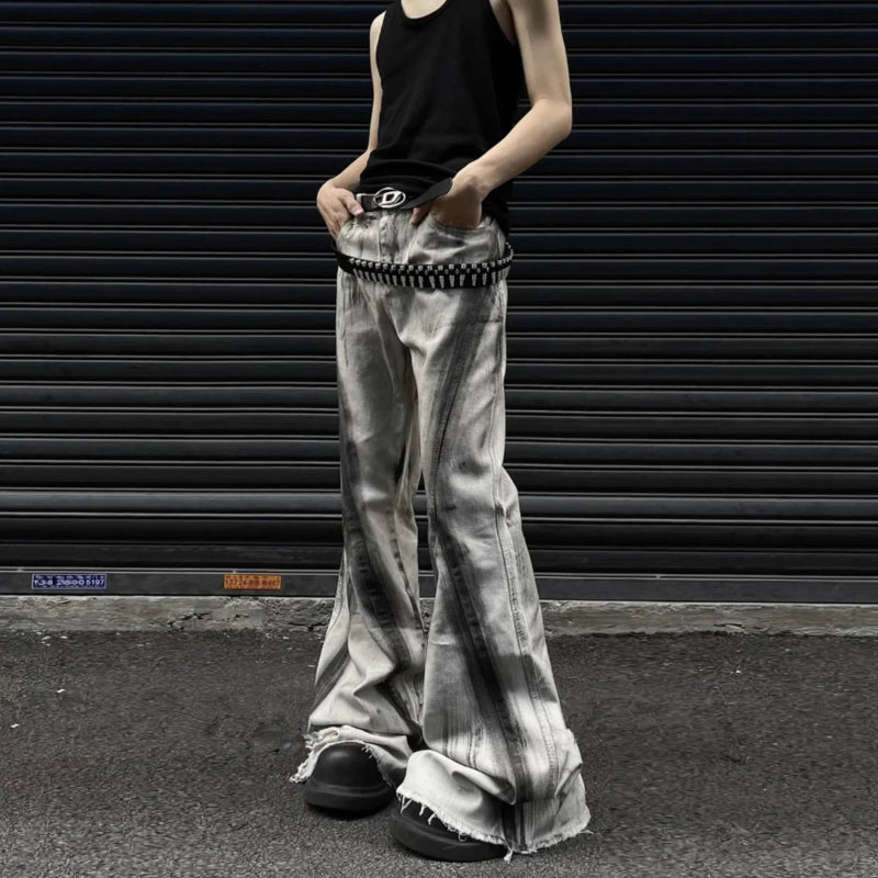 Y2K Fringed Gradient Wide Flare Denim Jeans