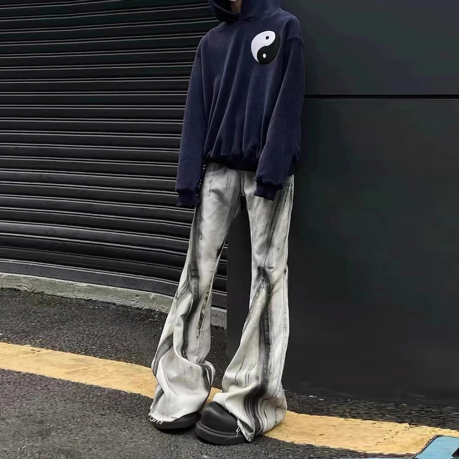 Y2K Fringed Gradient Wide Flare Denim Jeans