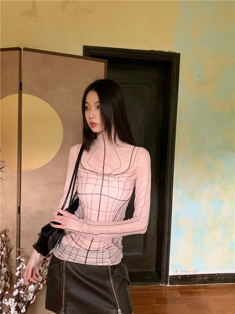 Y2K Geometric Long Sleeve Mesh Top
