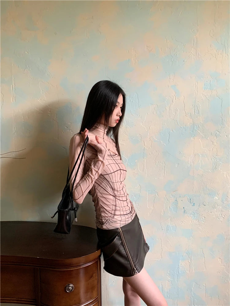 Y2K Geometric Long Sleeve Mesh Top
