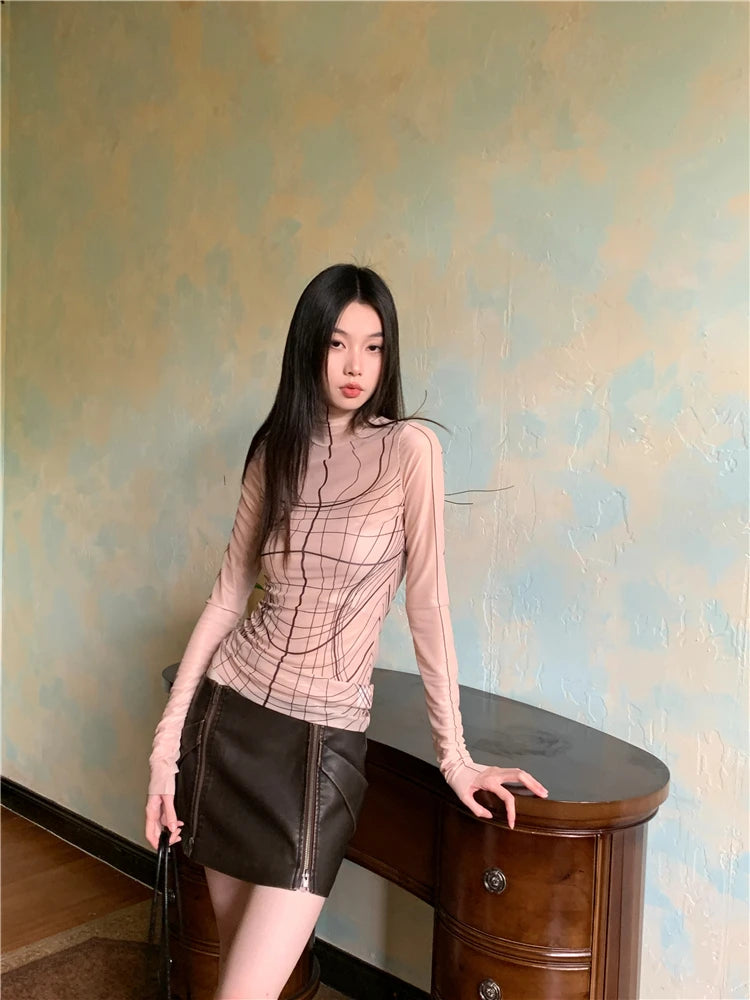 Y2K Geometric Long Sleeve Mesh Top