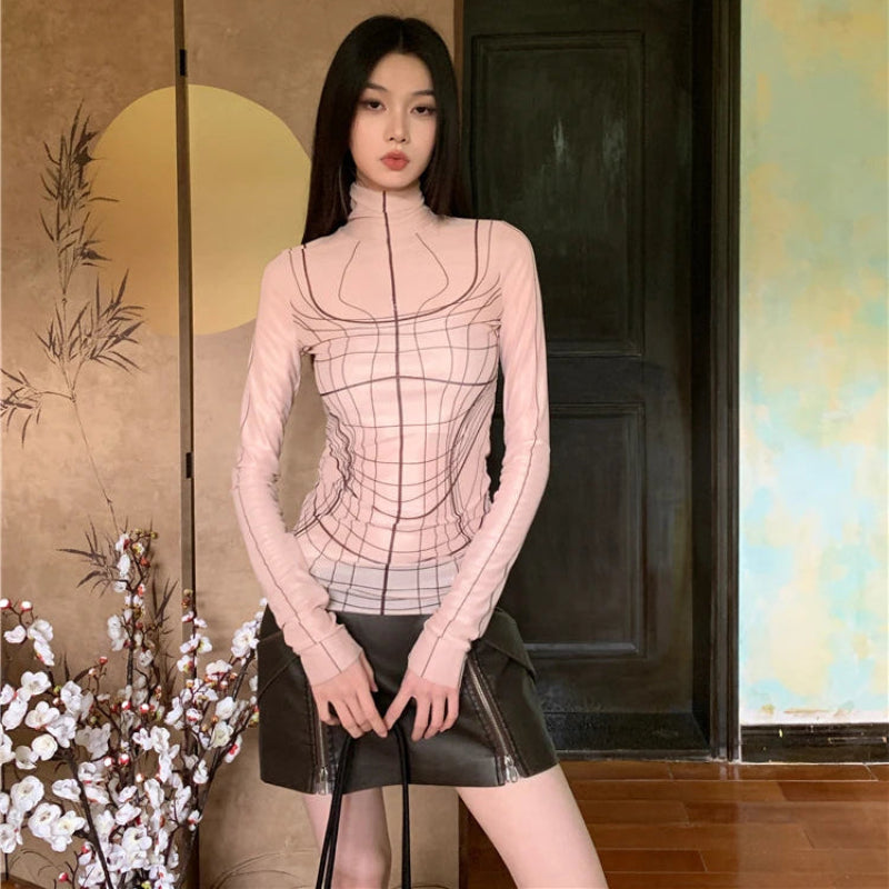 Y2K Geometric Long Sleeve Mesh Top