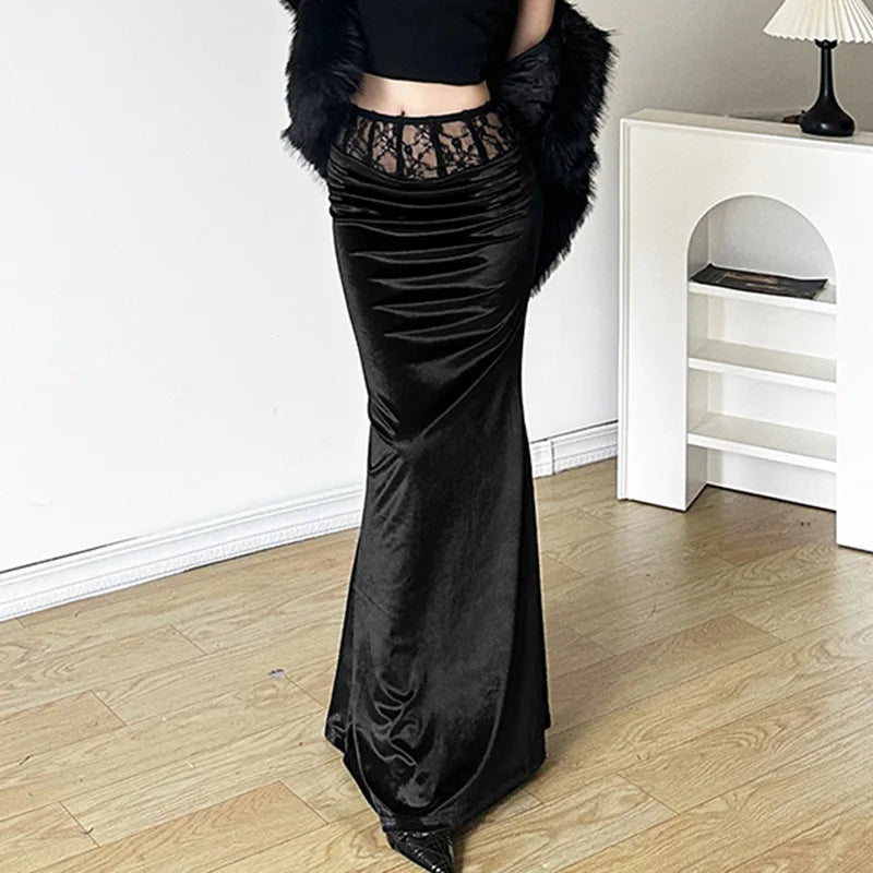 Y2K Gothic Black Velvet Trumpet Long Maxi Skirt