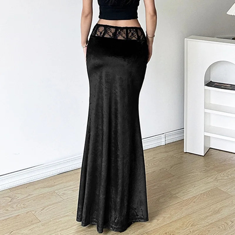 Y2K Gothic Black Velvet Trumpet Long Maxi Skirt