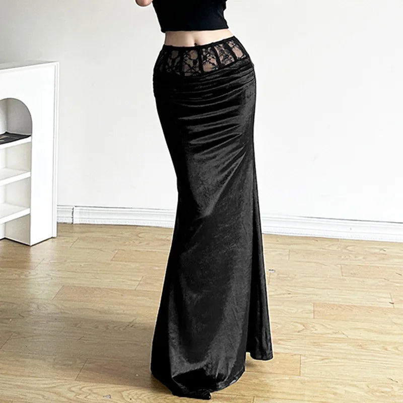 Y2K Gothic Black Velvet Trumpet Long Maxi Skirt