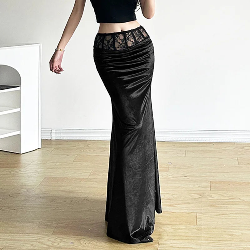 Y2K Gothic Black Velvet Trumpet Long Maxi Skirt