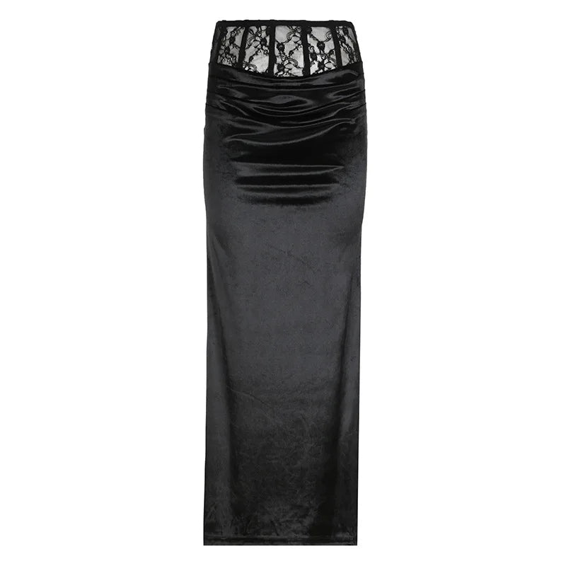 Y2K Gothic Black Velvet Trumpet Long Maxi Skirt