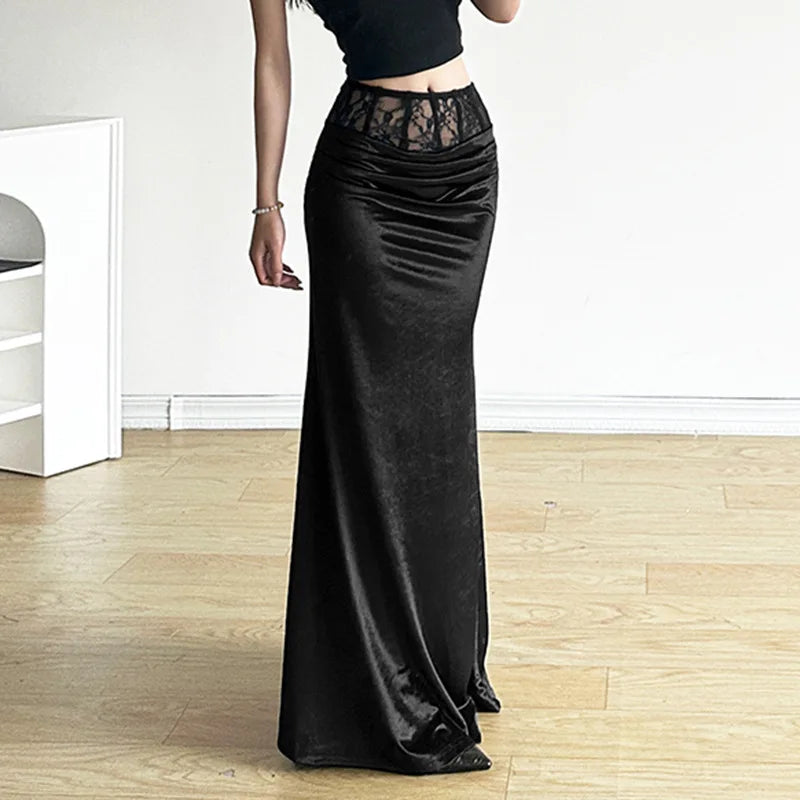 Y2K Gothic Black Velvet Trumpet Long Maxi Skirt