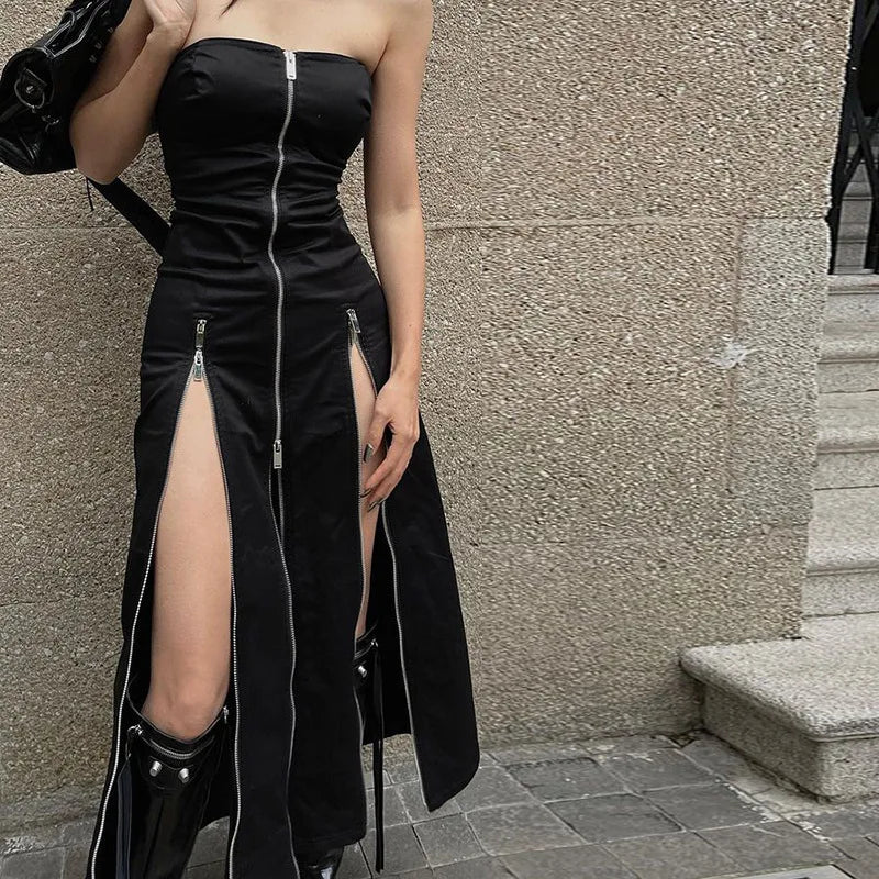 Y2K Gothic Techwear Zip Up Midi Dress