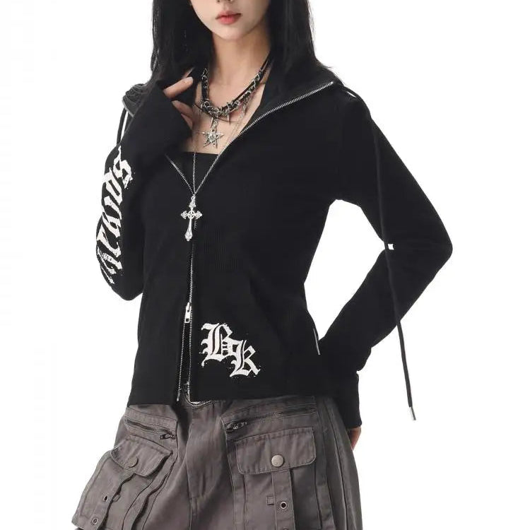 Y2K Gothic Text Graphic Womens Zip Up Piping Hoodie